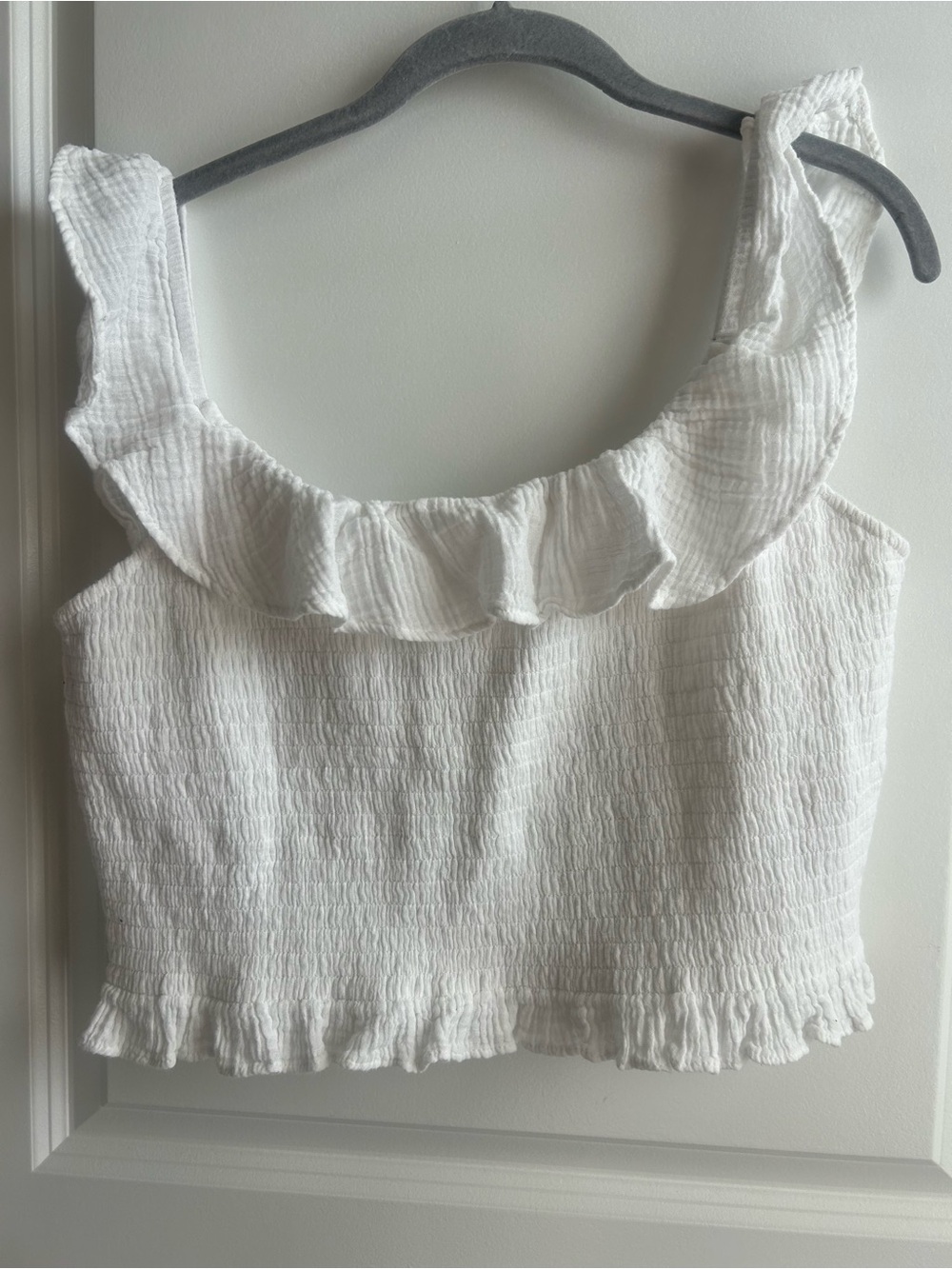 American Eagle Outfitters White Ruffle Smocked Crop Tank